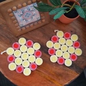 Vintage Handmade Crocheted Trivets, Vintage Soda Bottlecaps, Coasters